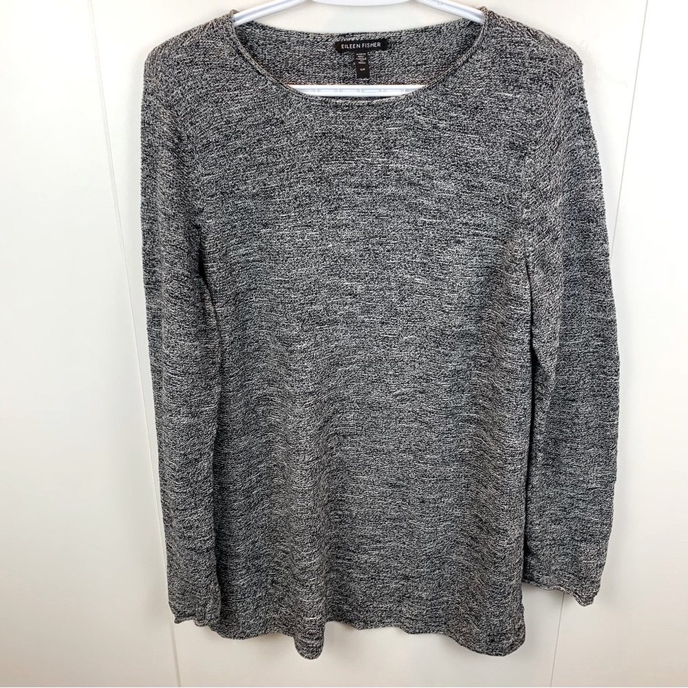 Eileen Fisher Organic Cotton Black White Marled Knit Sweater sz S Quiet Luxury